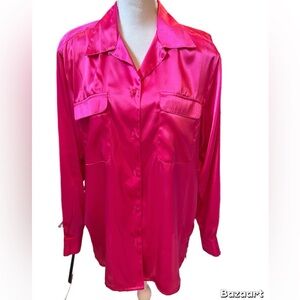 Notations Hot Pink Blouse Long Sleeve V Neck Front Pockets Size M